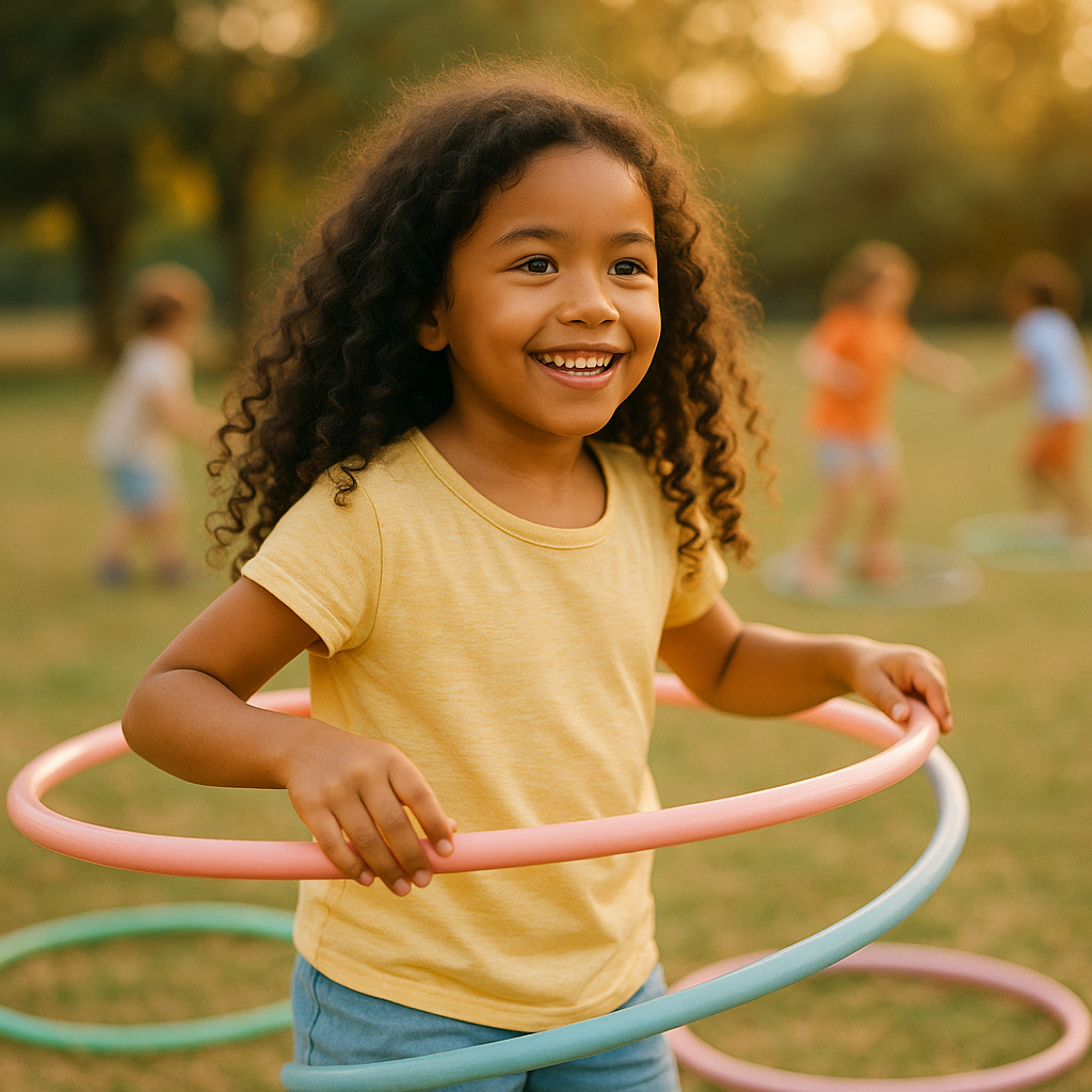 highly senstive child playing with hula hoop away from a group of other children